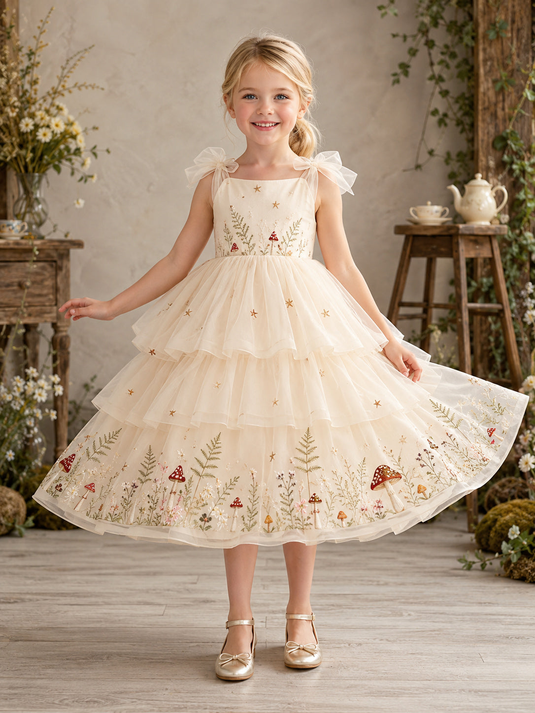 Ivory Shoulder Bow A-Line Flower Girl Dress with Tiered Mushroom Embroidered Tea-Length Tulle Skirt front view