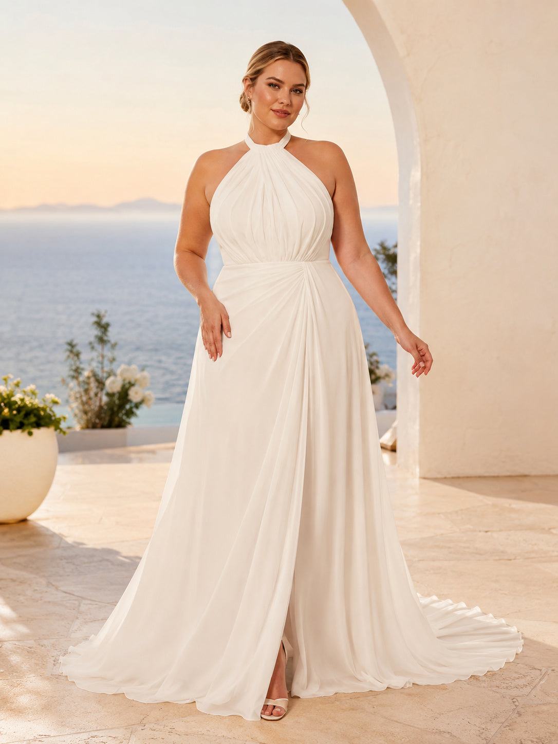 Plus Size Chiffon Wedding Dress A-Line Halter Sleeveless Sweep Train Bridal Gown front view