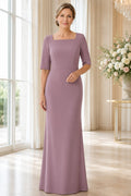 Vintage Mauve Square Neck Three-Quarter Sleeve Sheath Mother Dress front view