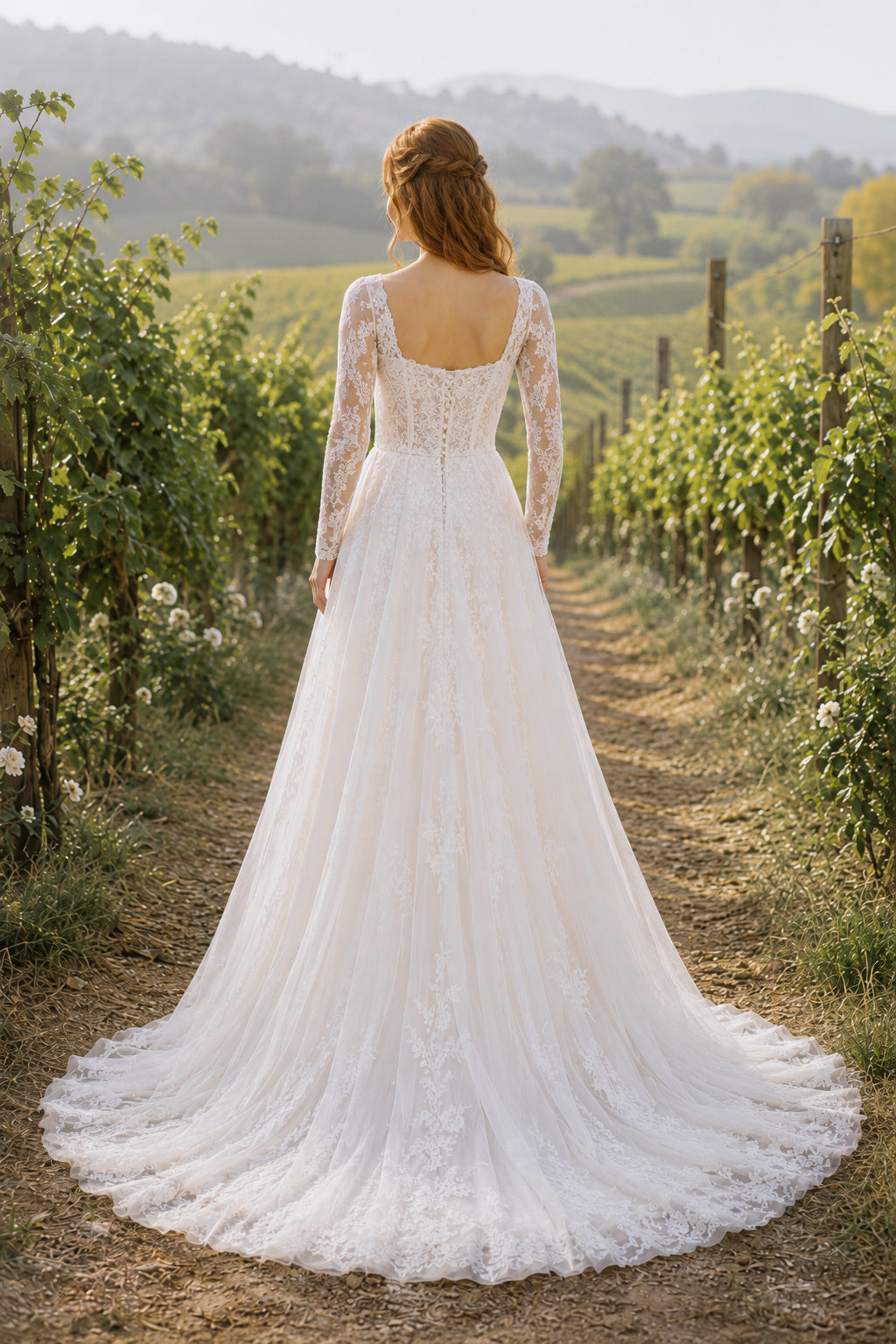 Square Neck Long Sleeve A-Line Wedding Dress with Lace Bodice and Soft Tulle Train back view