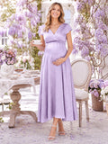 Lavender Maternity V Neck Cap Sleeve Empire Satin Ankle Length Elegant Tea Dress front view