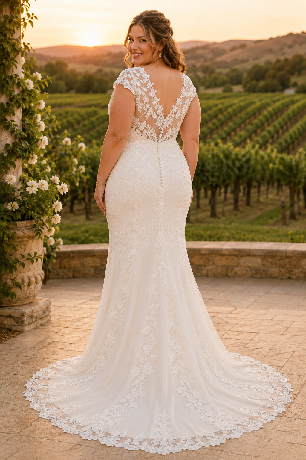 Plus Size Ivory V-Neck Sleeveless Lace Tulle Mermaid Wedding Dress with Sleeveless Lace Bodice and Chapel Train back view