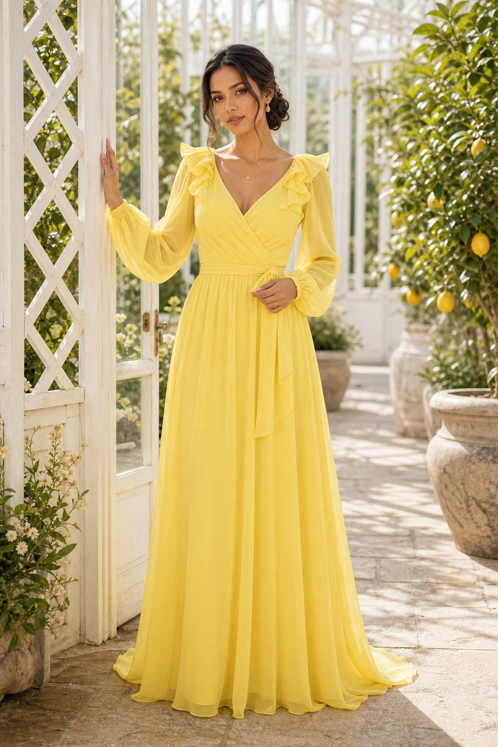 Yellow V-neck Long Sleeve A-Line Chiffon Floor-Length Dress With Flutter Sleeves