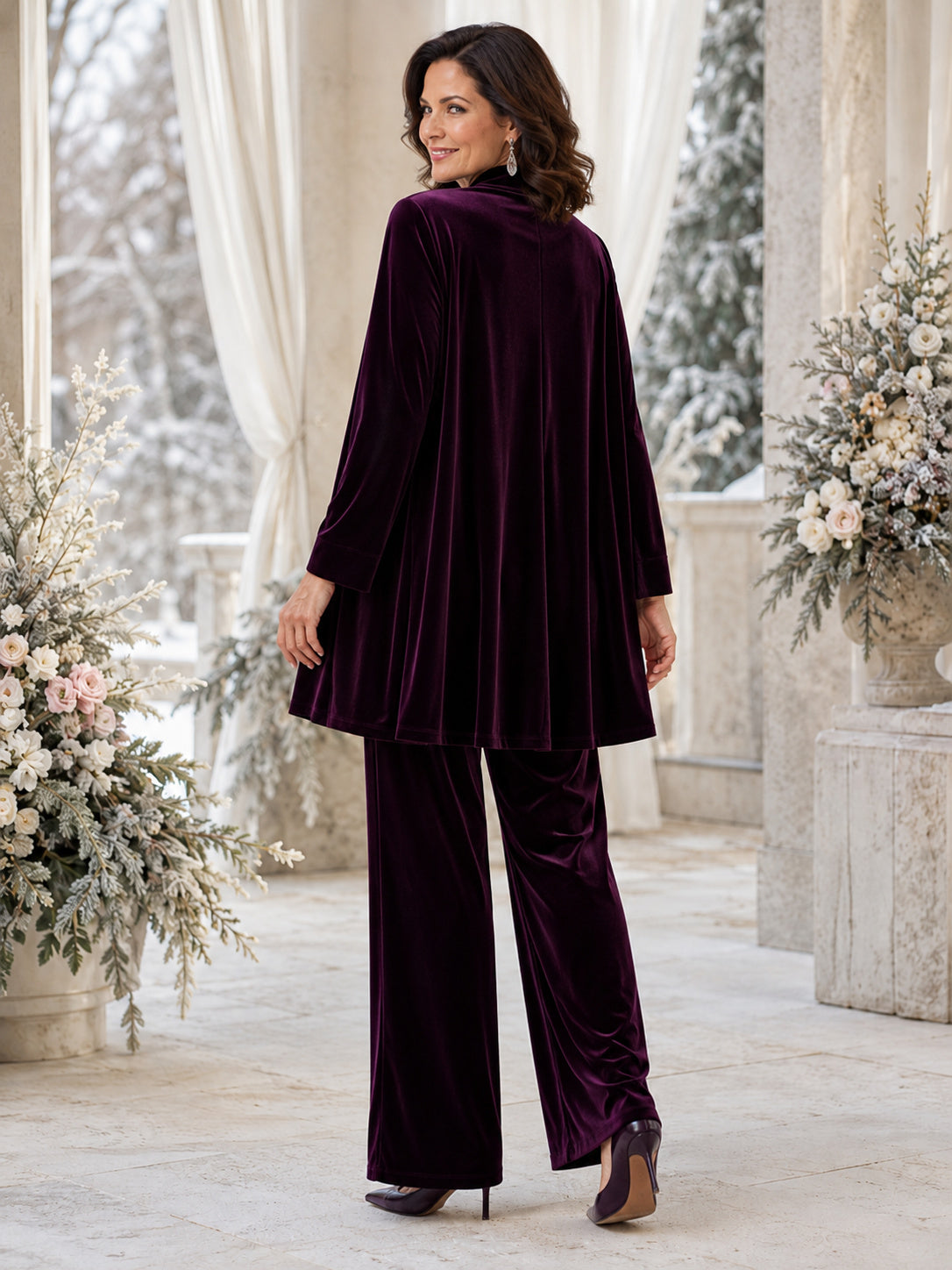 Plum Luxury Floor-Length Wide-Leg Mother of the Bride Velvet Pantsuit with Long Cape Jacket and Scoop-Neck Shell back view