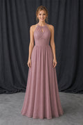 High-Neck Sleeveless A-Line Chiffon Floor-Length Dress With Lace Detail