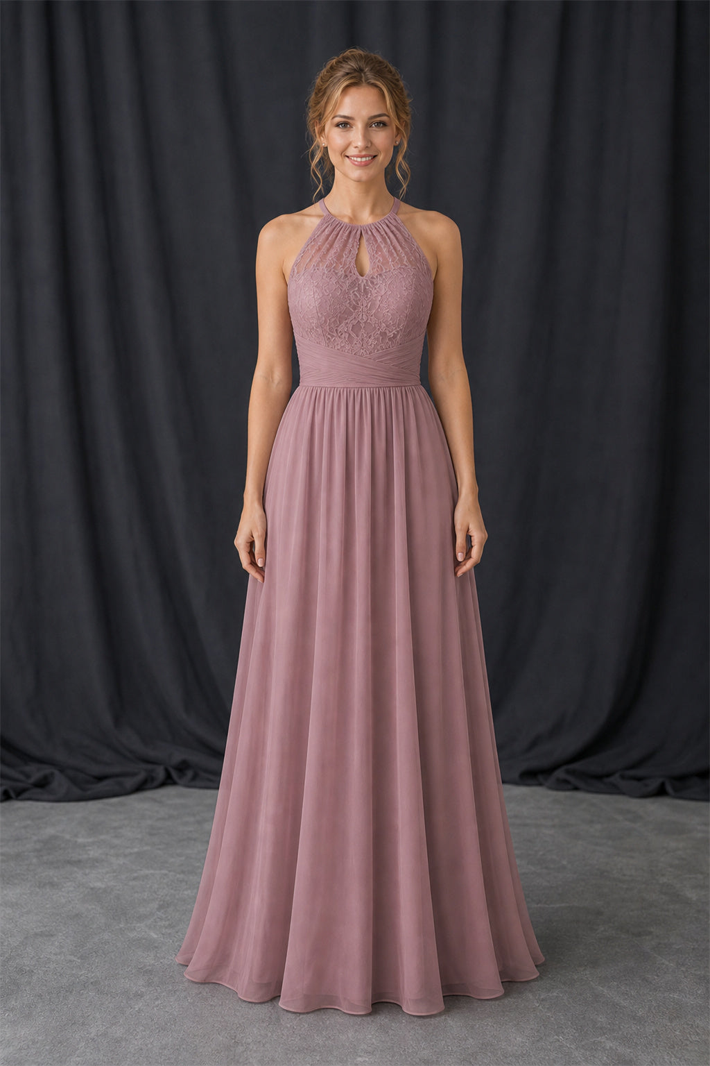 High-Neck Sleeveless A-Line Chiffon Floor-Length Dress With Lace Detail