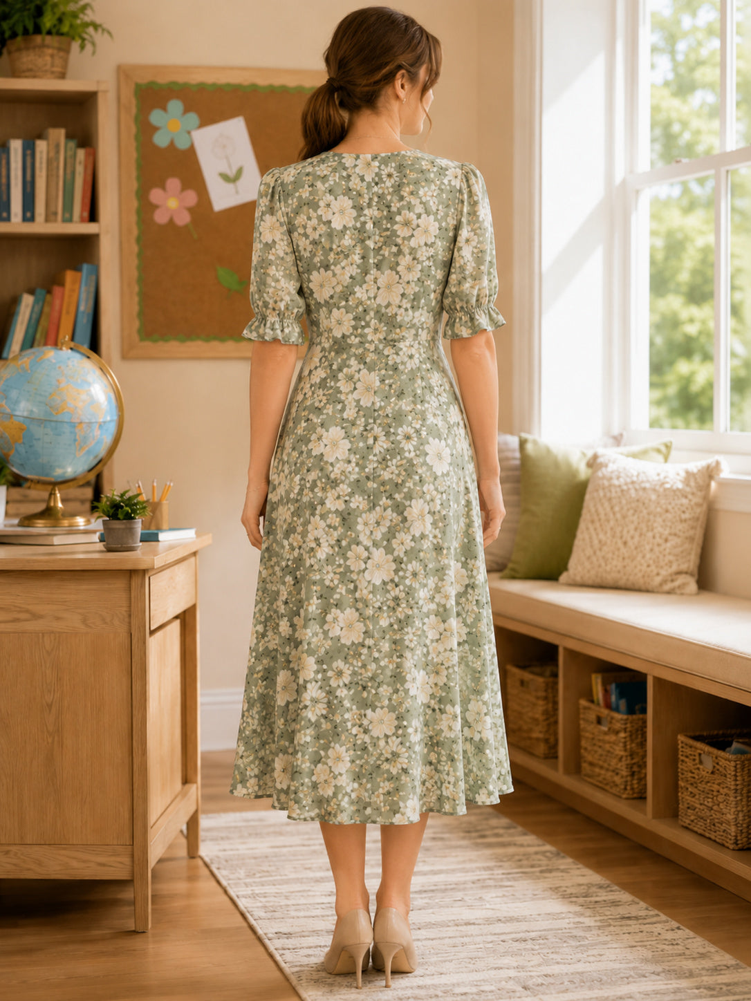 Sage floral three quarter sleeve wrap teacher midi dress back view