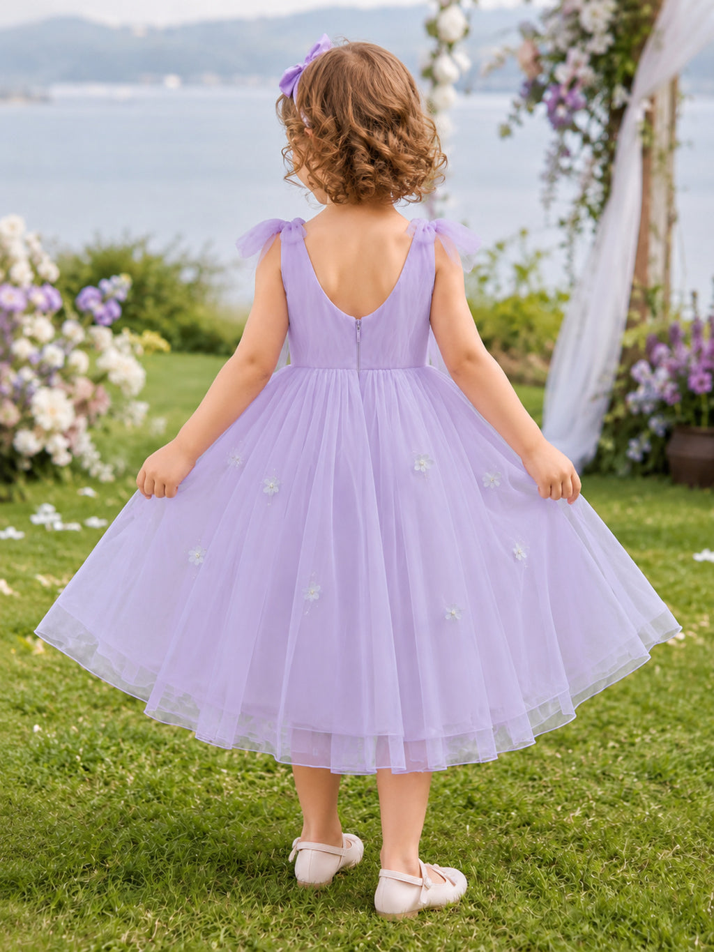 Lavender Pleated Tulle A-Line Flower Girl Dress with Jewel Neck, Sleeveless, and Tea-length Skirt back view