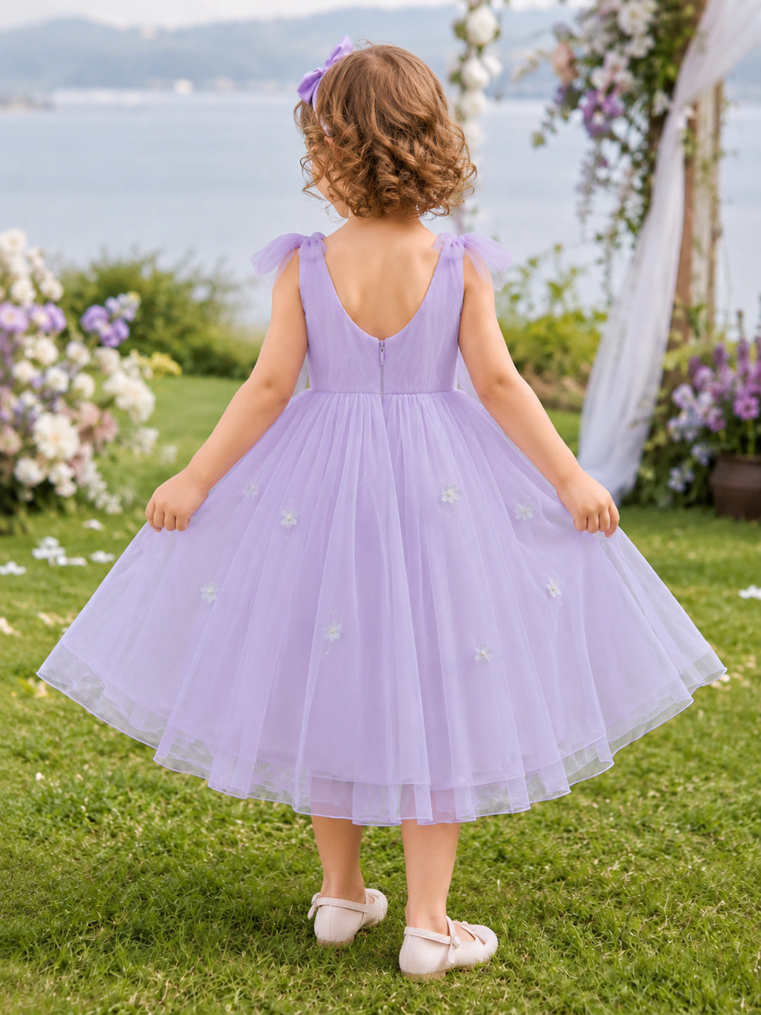 Lavender Pleated Tulle A-Line Flower Girl Dress with Jewel Neck, Sleeveless, and Tea-length Skirt back view
