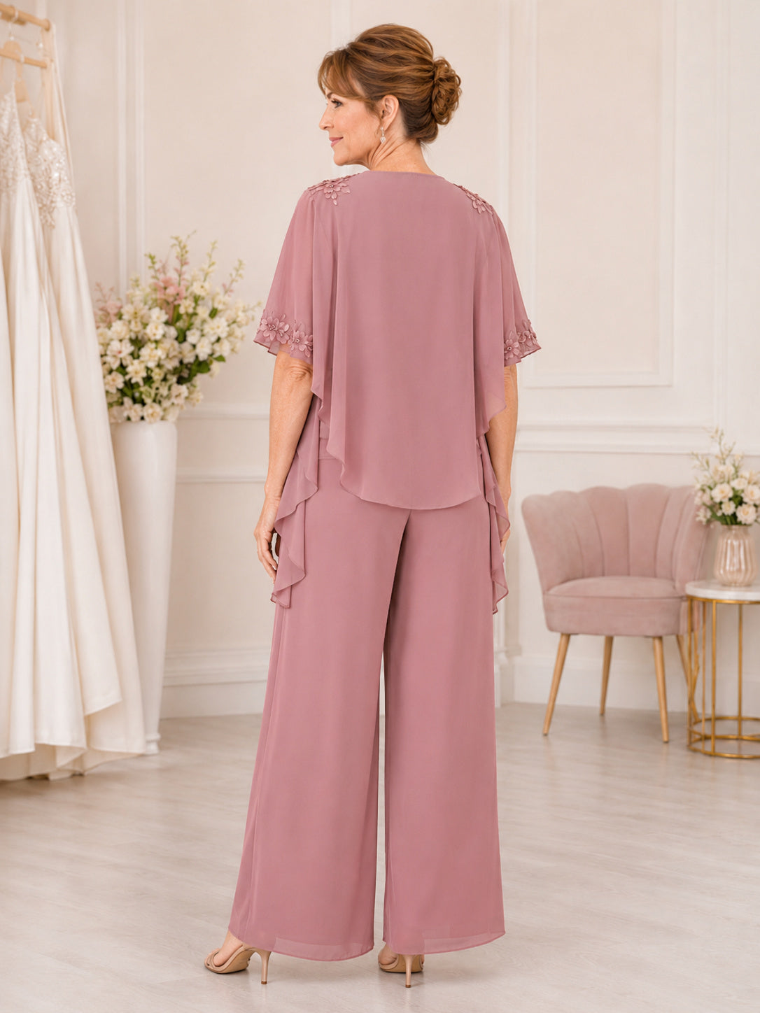 Dusty Rose Mother Jumpsuit with Scoop Neck Beaded Cape and Wide Leg Pants back view