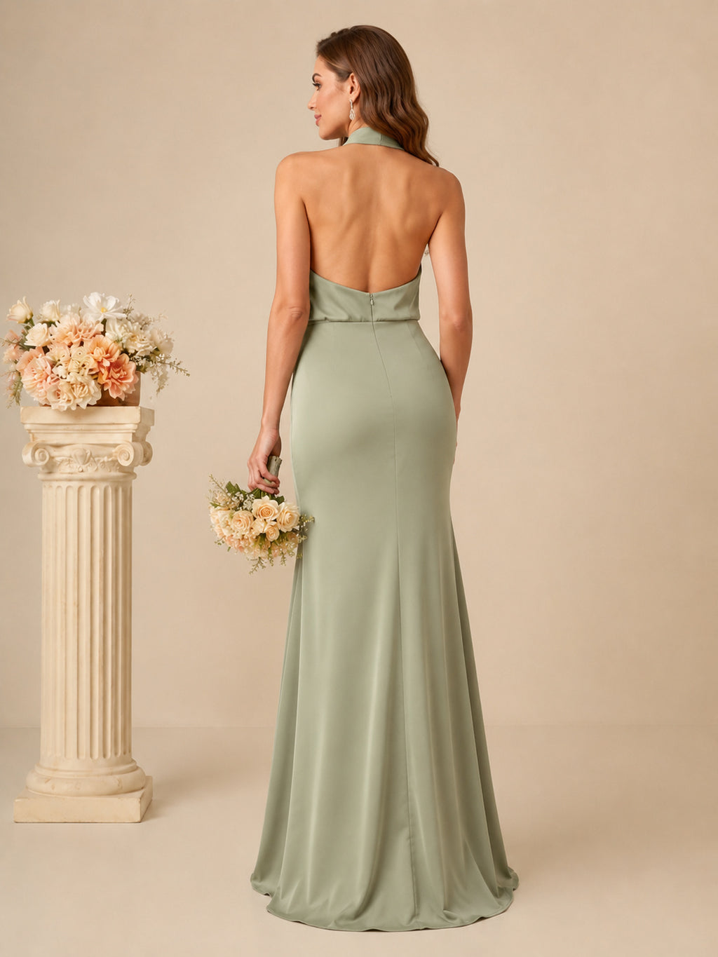 Sage halter cowl neck satin sheath bridesmaid gown back view
