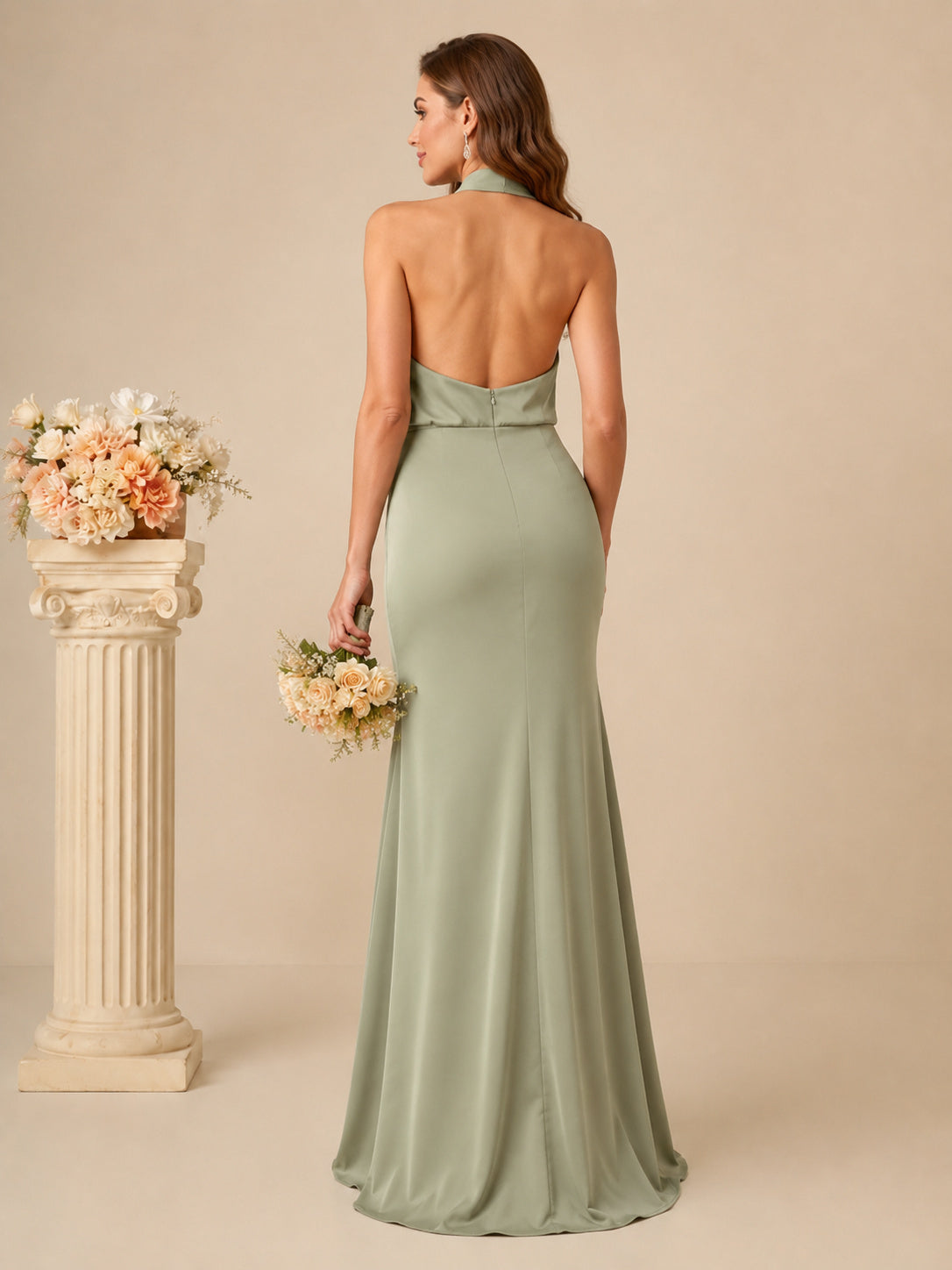 Sage halter cowl neck satin sheath bridesmaid gown back view
