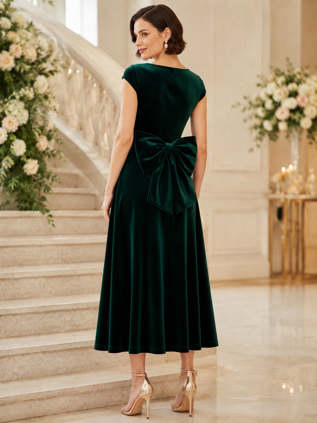 Dark Green Bateau Cap Sleeve Velvet A Line Ankle Guest Dress back view