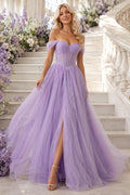 Lavender Off-the-Shoulder Tulle Prom Dress with A-Line Skirt and Front Slit front view