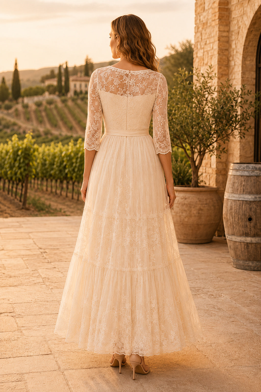 Champagne Long Sleeve Lace Tea-Length Dress with Chiffon Skirt and Sash back view