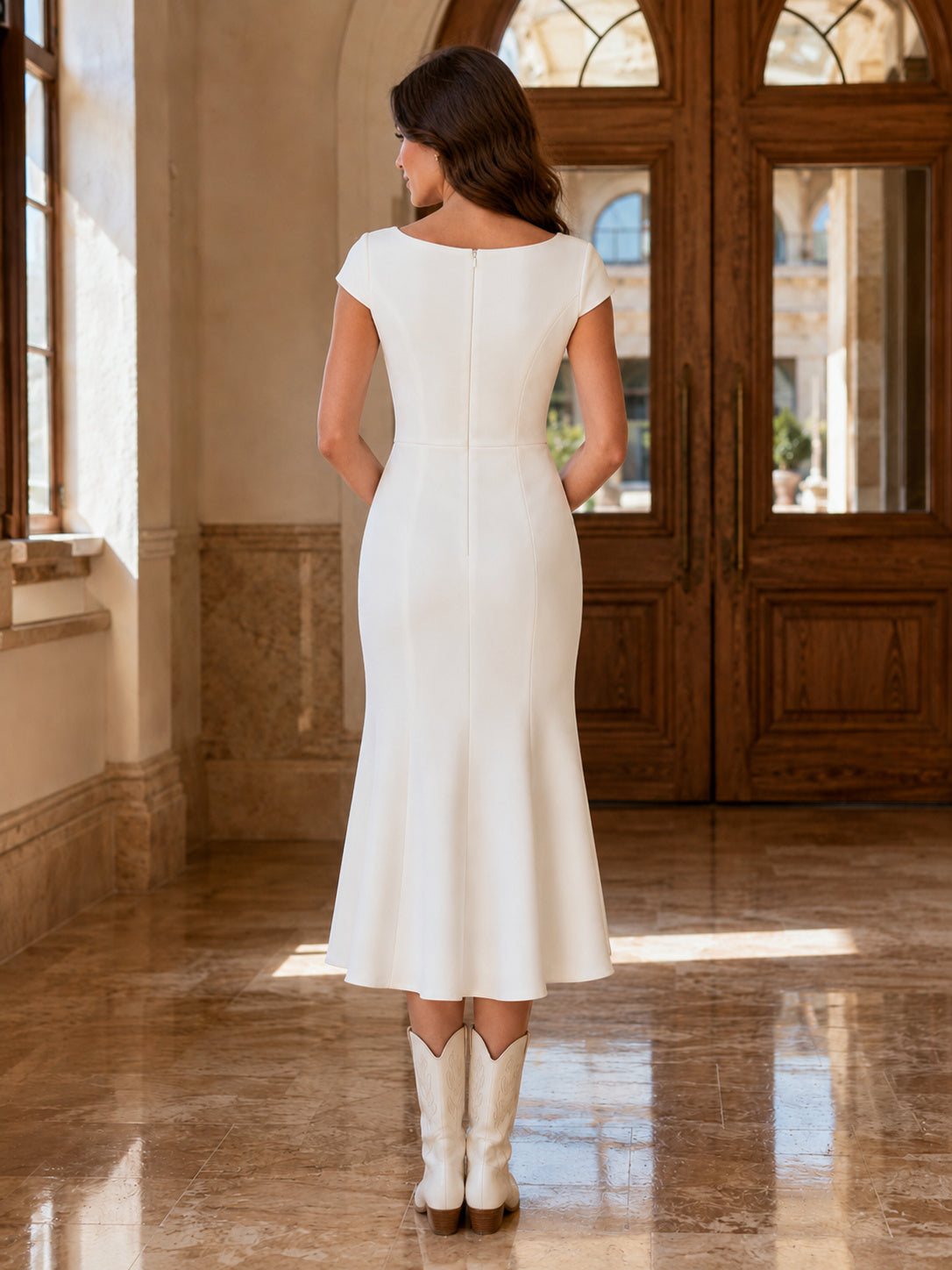Minimal Western Bateau Cap Sleeve Satin Sheath Tea-Length Courthouse Wedding Dress back view