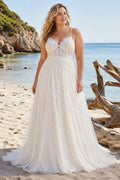 Plus Size Ivory V-Neck Spaghetti Strap Sleeveless Lace Tulle A-Line Wedding Dress with Spaghetti Straps and Soft Tulle Train
