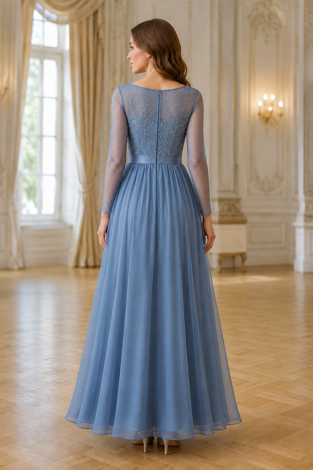 Steel Blue Long Sleeve A-Line Mother Dress with Illusion Lace Bodice back view