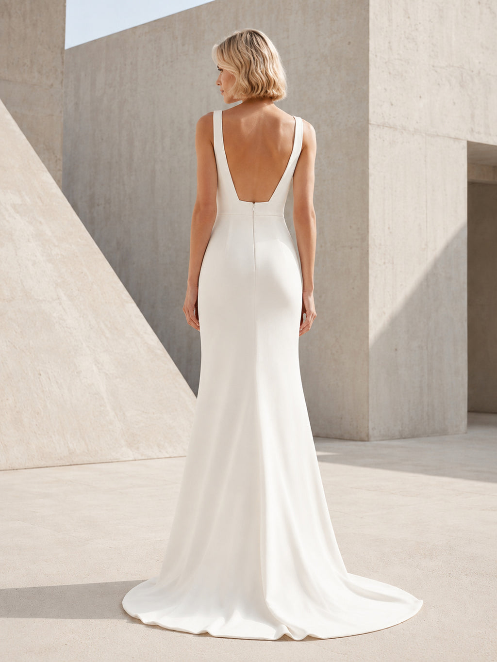 Modern Minimalist Square Neck Sheath Architecture Elopement Gown back view
