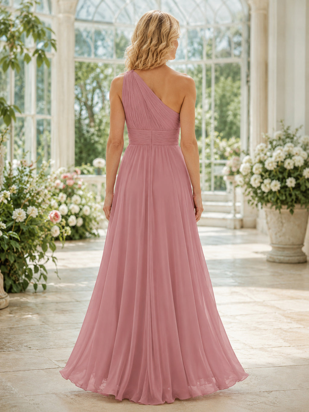 Dusty Rose One Shoulder Chiffon A Line Formal Dress Style 340988 back view