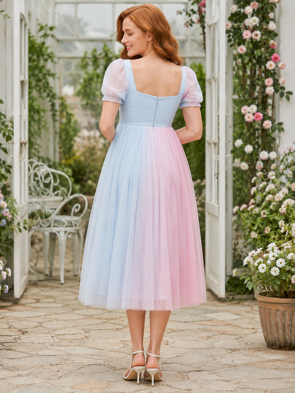 Pastel Pink Blue Puff Sleeve Tulle Midi Party Dress back view