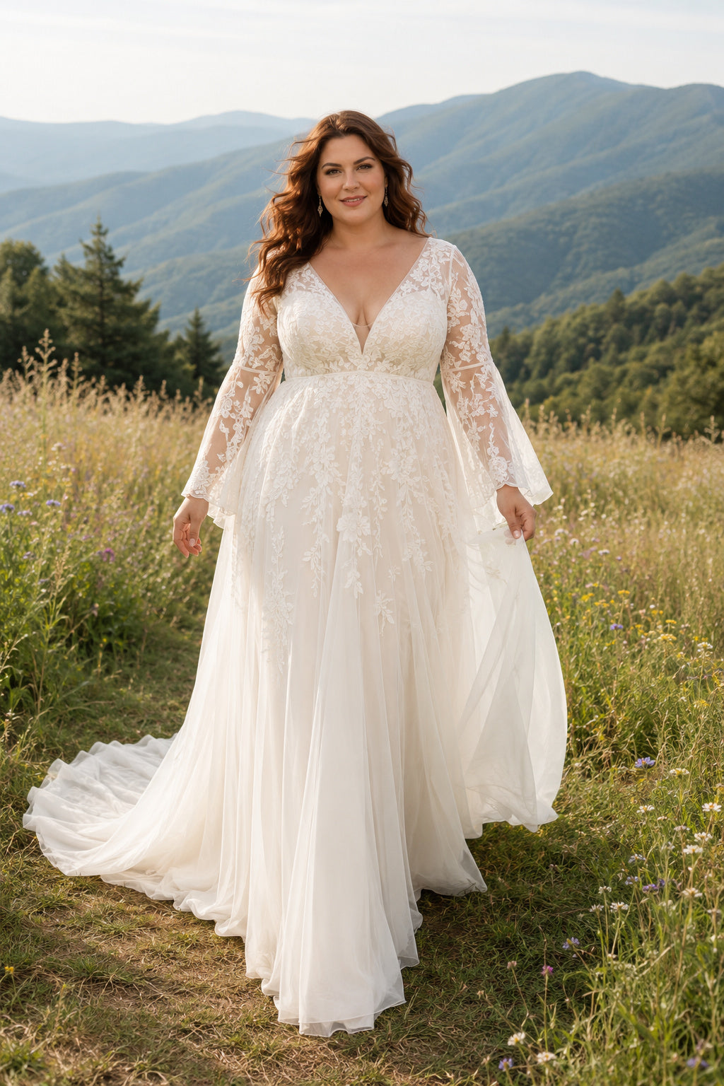 Plus Size Long Sleeve Lace A-Line Wedding Dress with Deep V-Neck Style 720951 front view