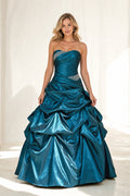 Teal Strapless Sweetheart Ball Gown Satin Dress With Draped Pick-Up Skirt
