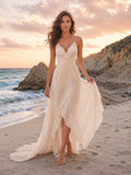 Champagne Beach V-Neck Split Chiffon Destination Bridal Dress front view