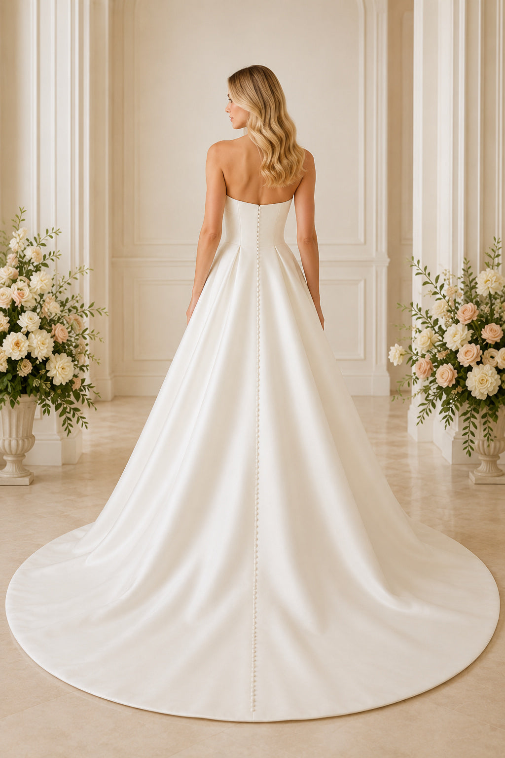 Wedding Ball Gown Satin Dress with Strapless Neckline and Chapel Train Style 720766 back view
