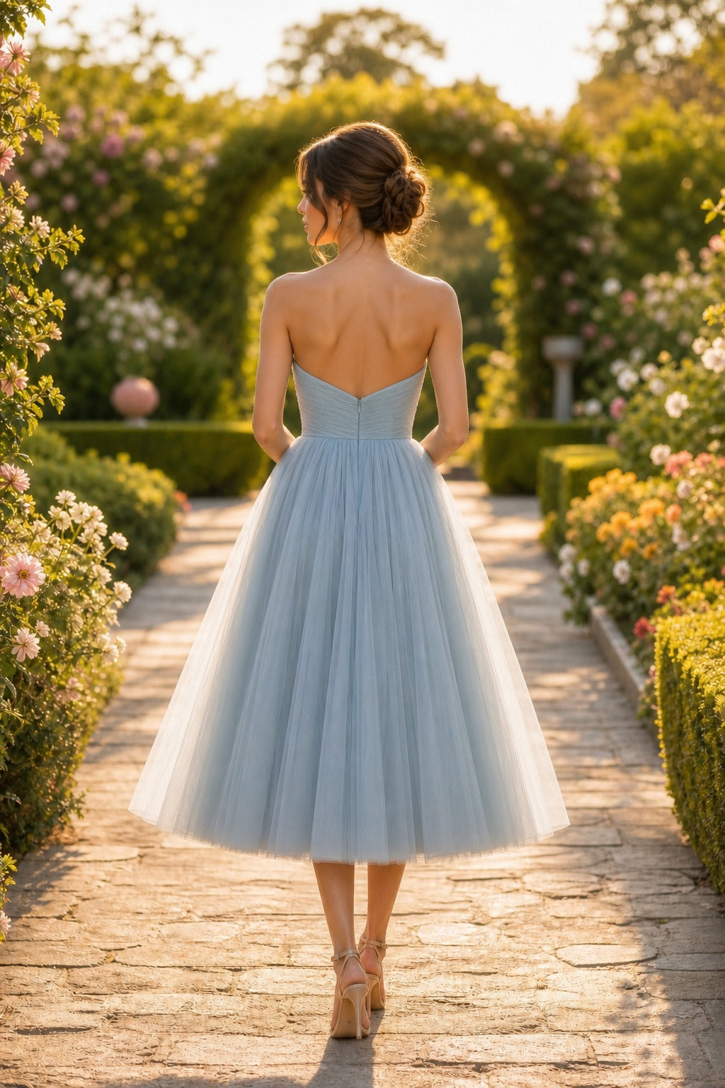 Light Blue Strapless Tea-Length Tulle A-Line Dress