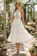 Ivory Halter High Neck Sleeveless Chiffon Lace Tea-Length Wedding Dress with Tiered Chiffon Skirt and Lace Halter Bodice fron