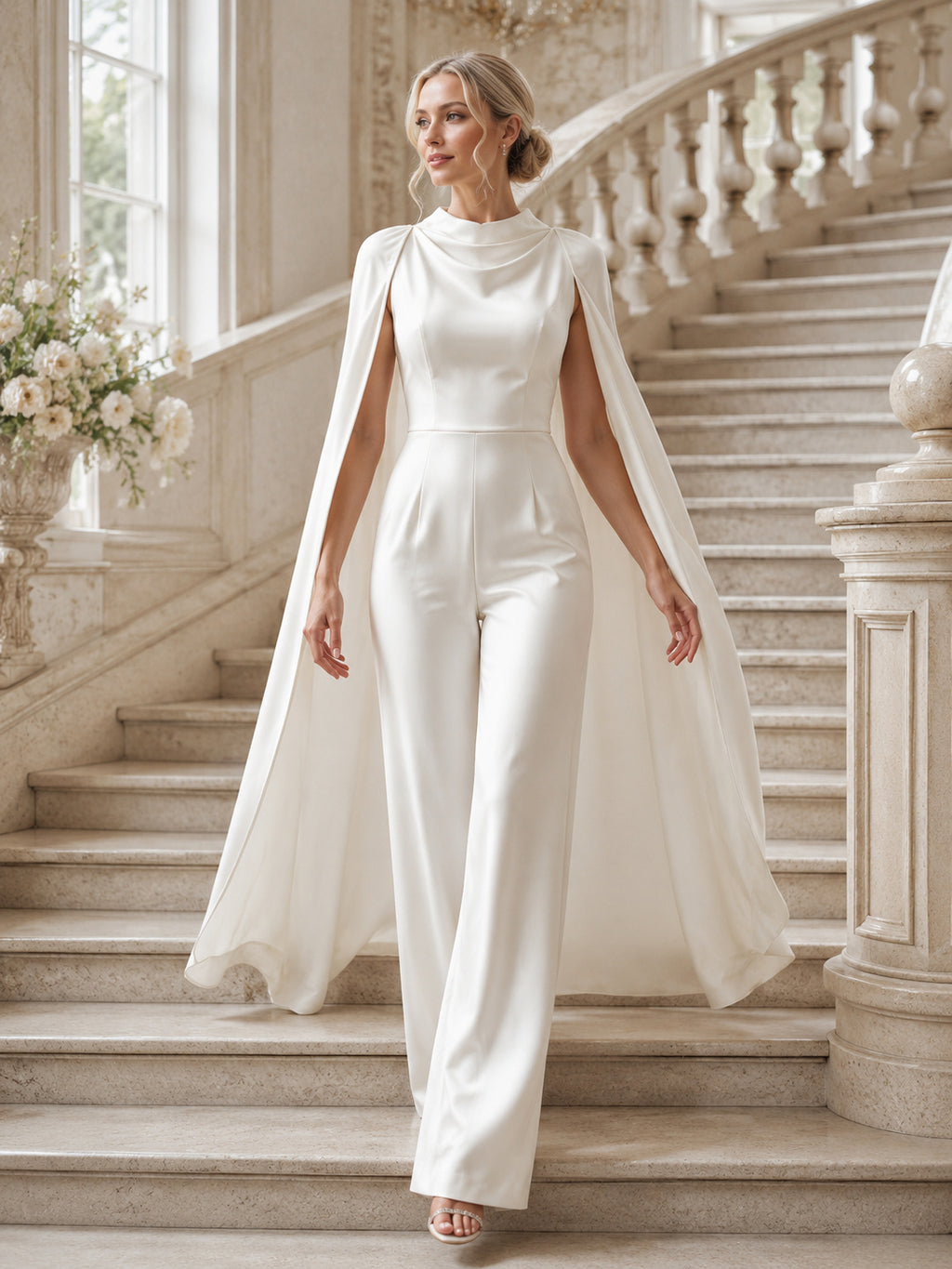 Minimalist Satin Chiffon Wedding Jumpsuit High Neck Cape Sleeve Sweep Train front view