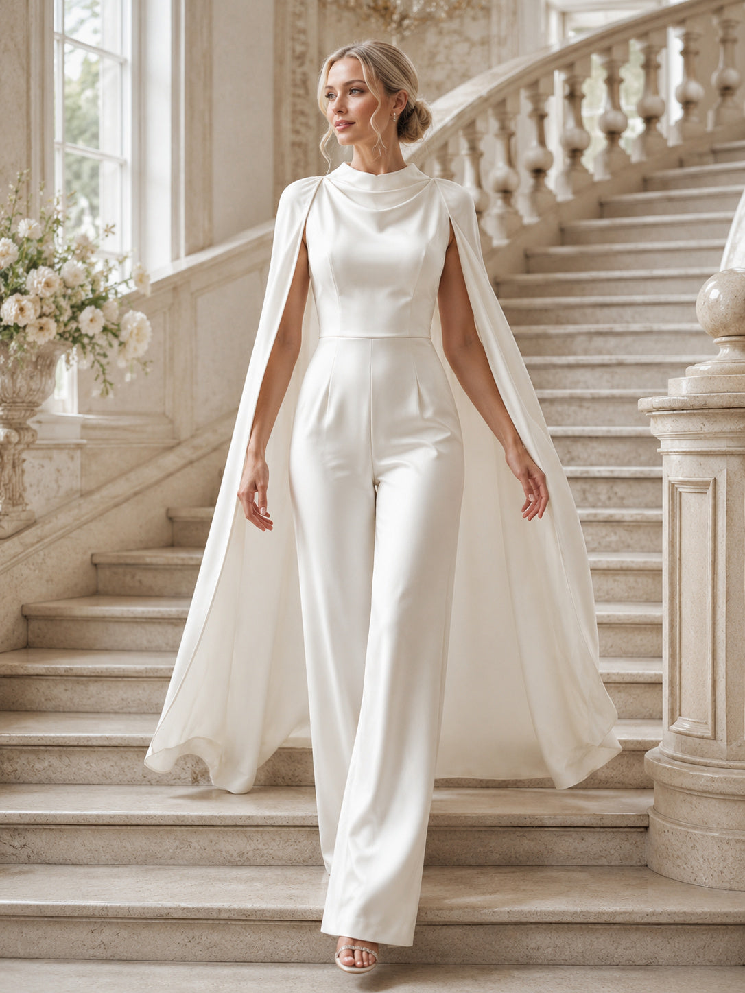 Minimalist Satin Chiffon Wedding Jumpsuit High Neck Cape Sleeve Sweep Train front view