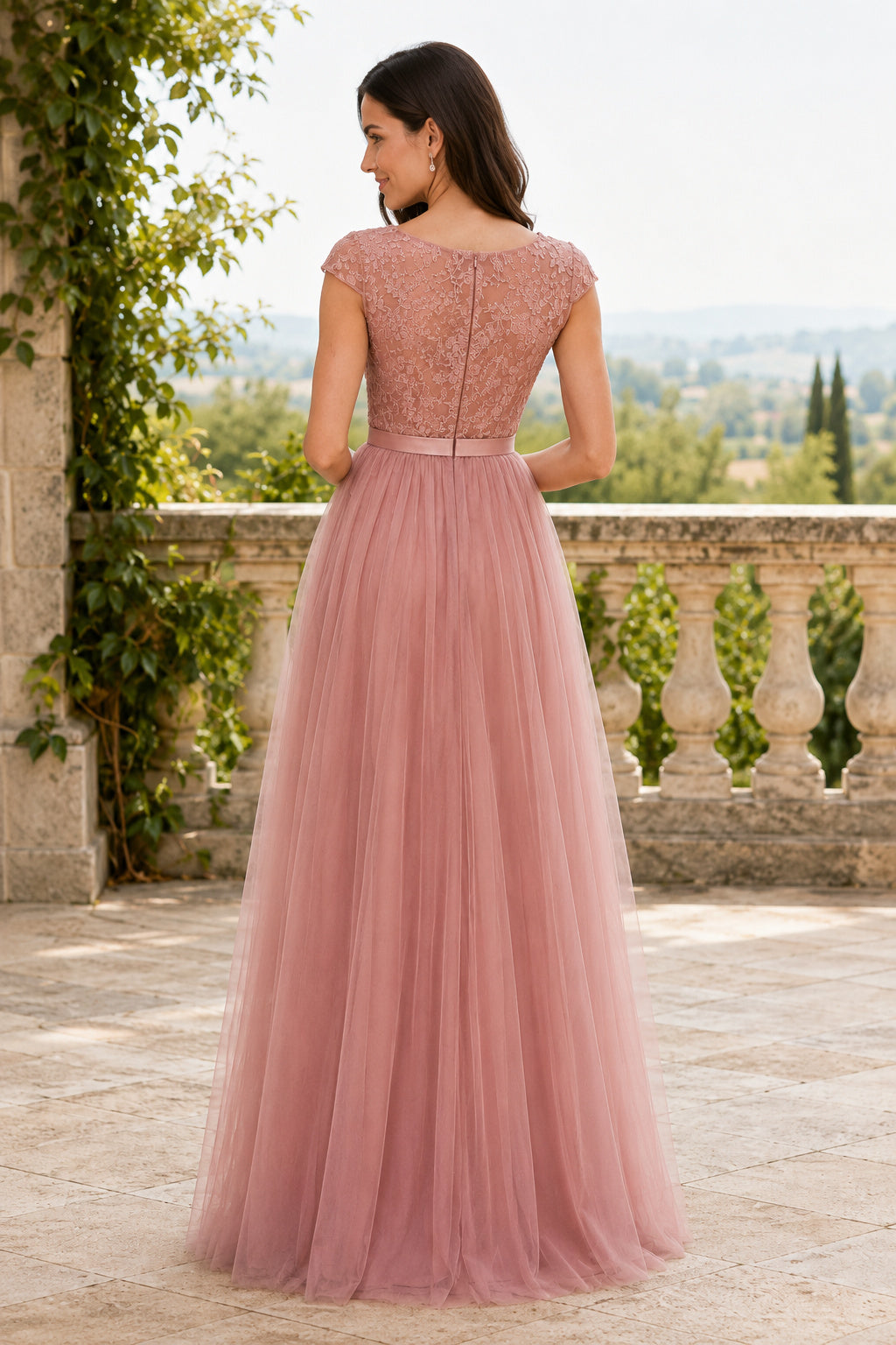Dusty Rose Lace Cap Sleeve Bodice with Floor Length Tulle Skirt Floor Length A-Line Bridesmaid Dress back view