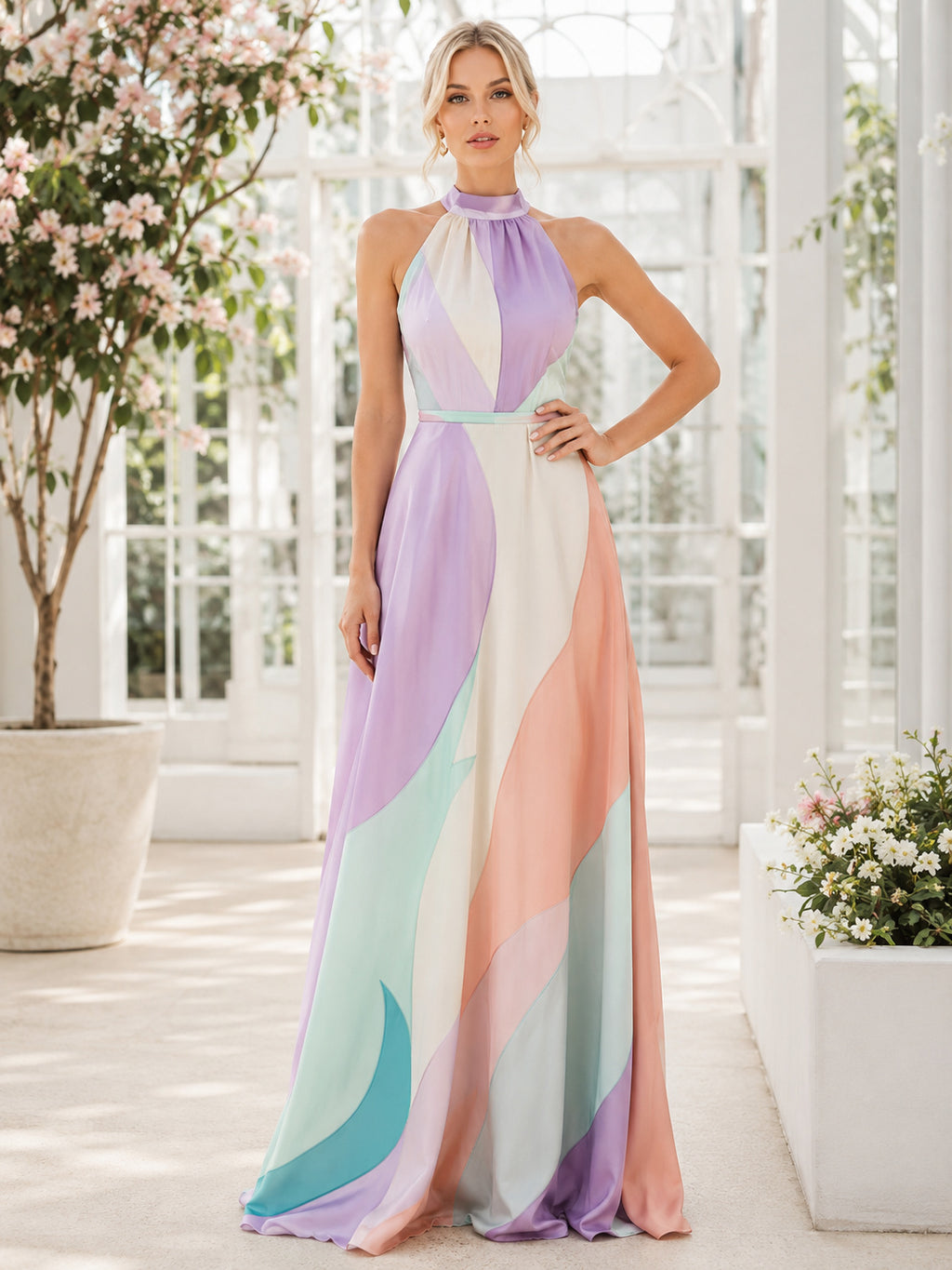 Pastel Color Block Halter Sleeveless Printed Maxi Occasion Dress front view