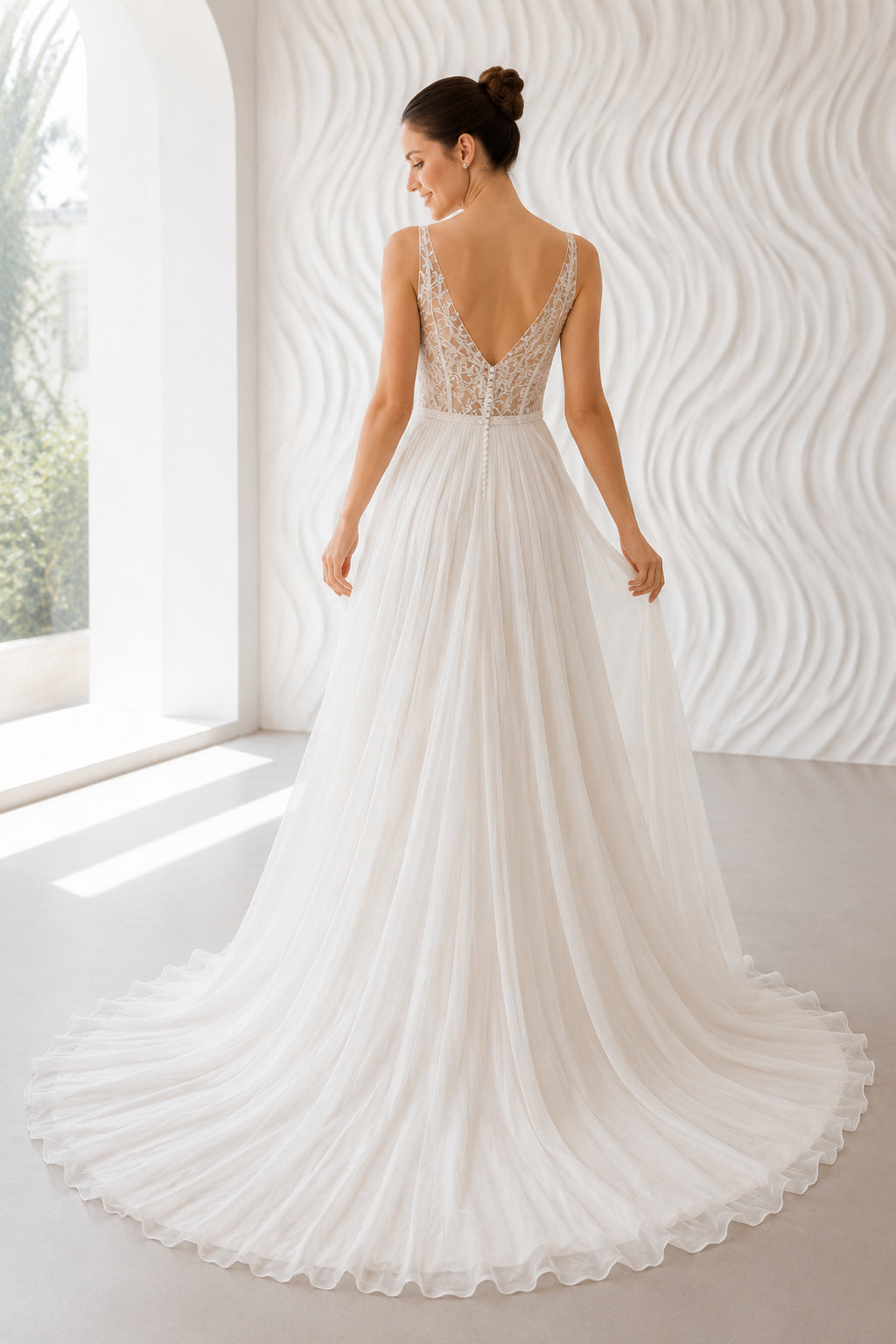 V-Neck Lace Bodice Tulle A-Line Wedding Dress with Chapel Train back view