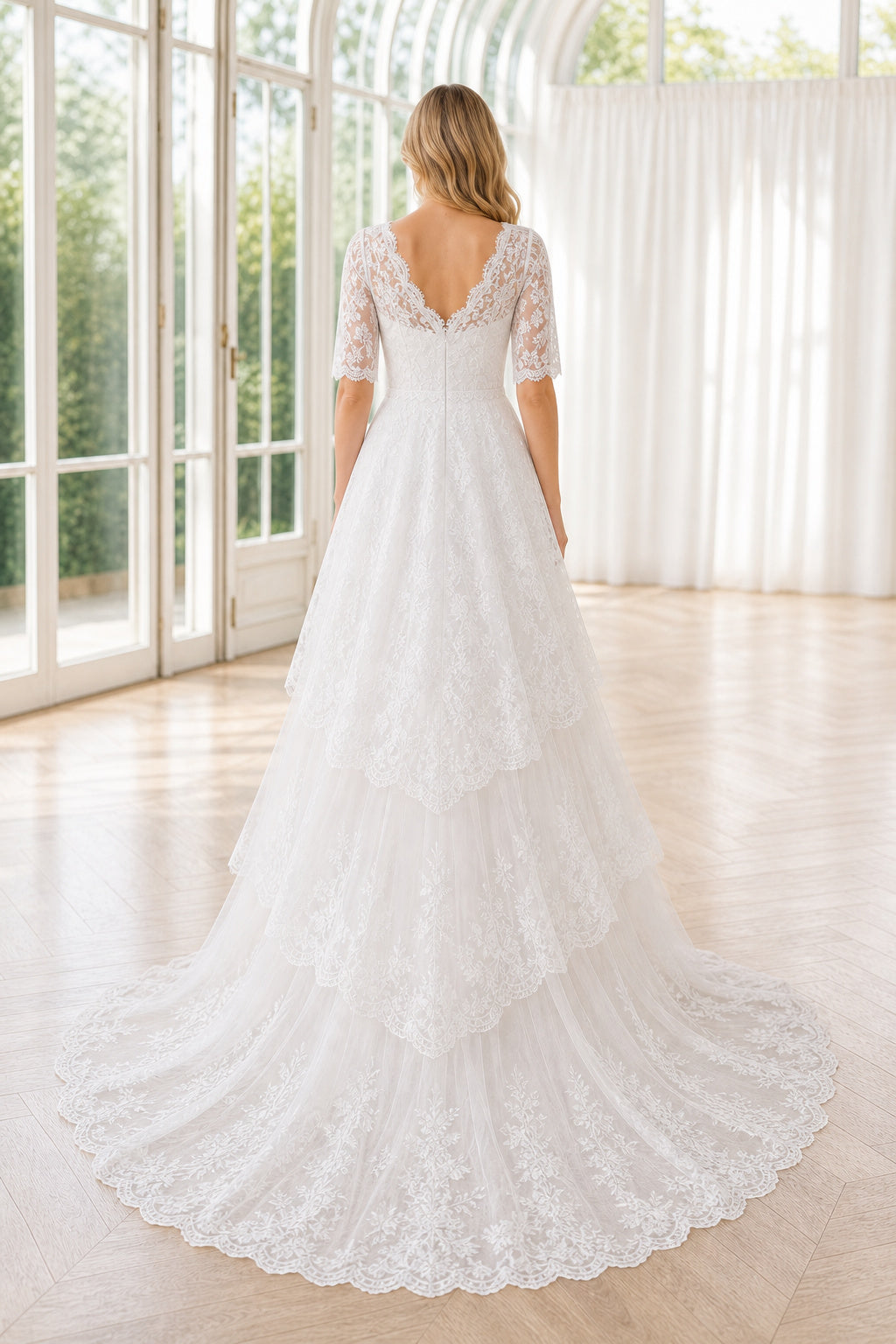 White Illusion Long Sleeves A-Line Lace Floor-length Wedding Dress With Lace and Sweep Train