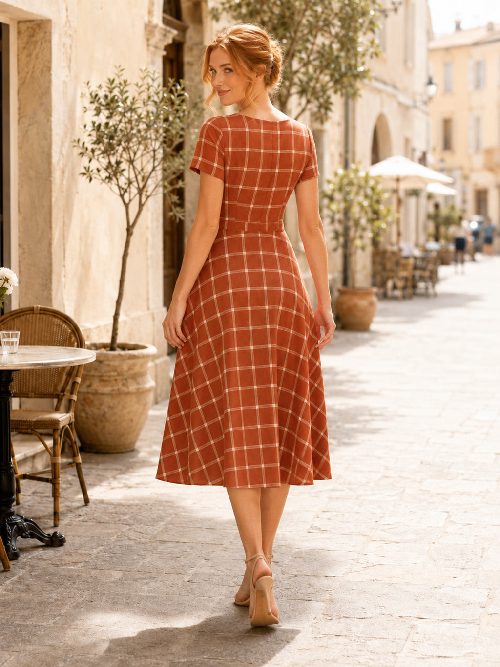 Rust Windowpane Short Sleeve A-Line Midi Casual Guest Dress back view
