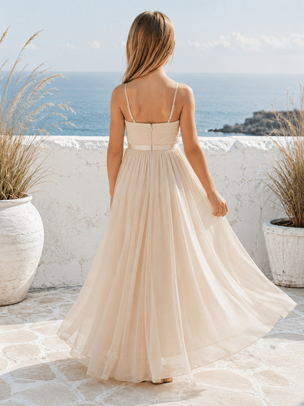 Flower Girl Dress Champagne Chiffon A-Line Sleeveless Spaghetti Strap Floor Length back view