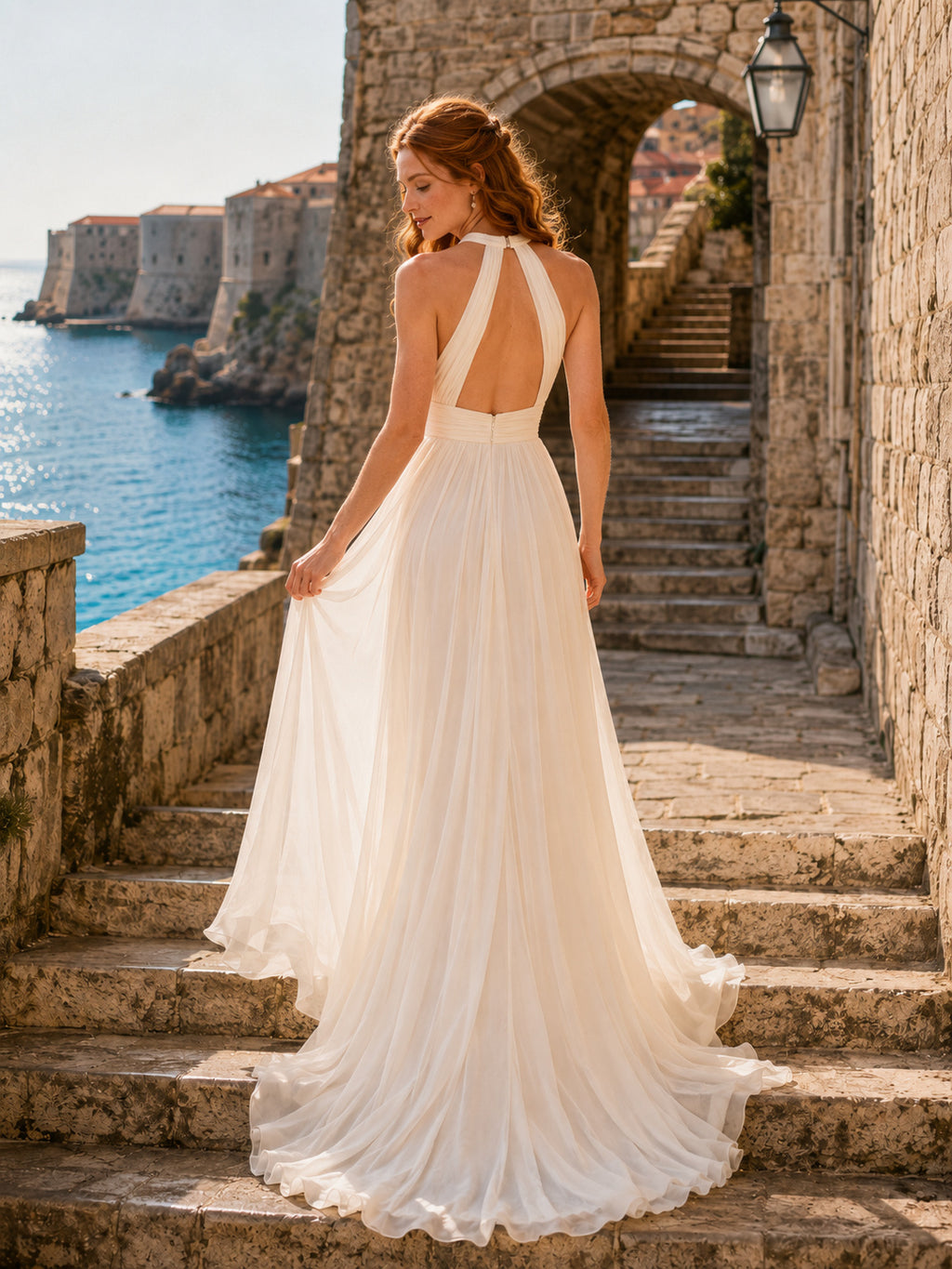 Boho Halter Chiffon A-Line Open Back Destination Summer Wedding Gown back view