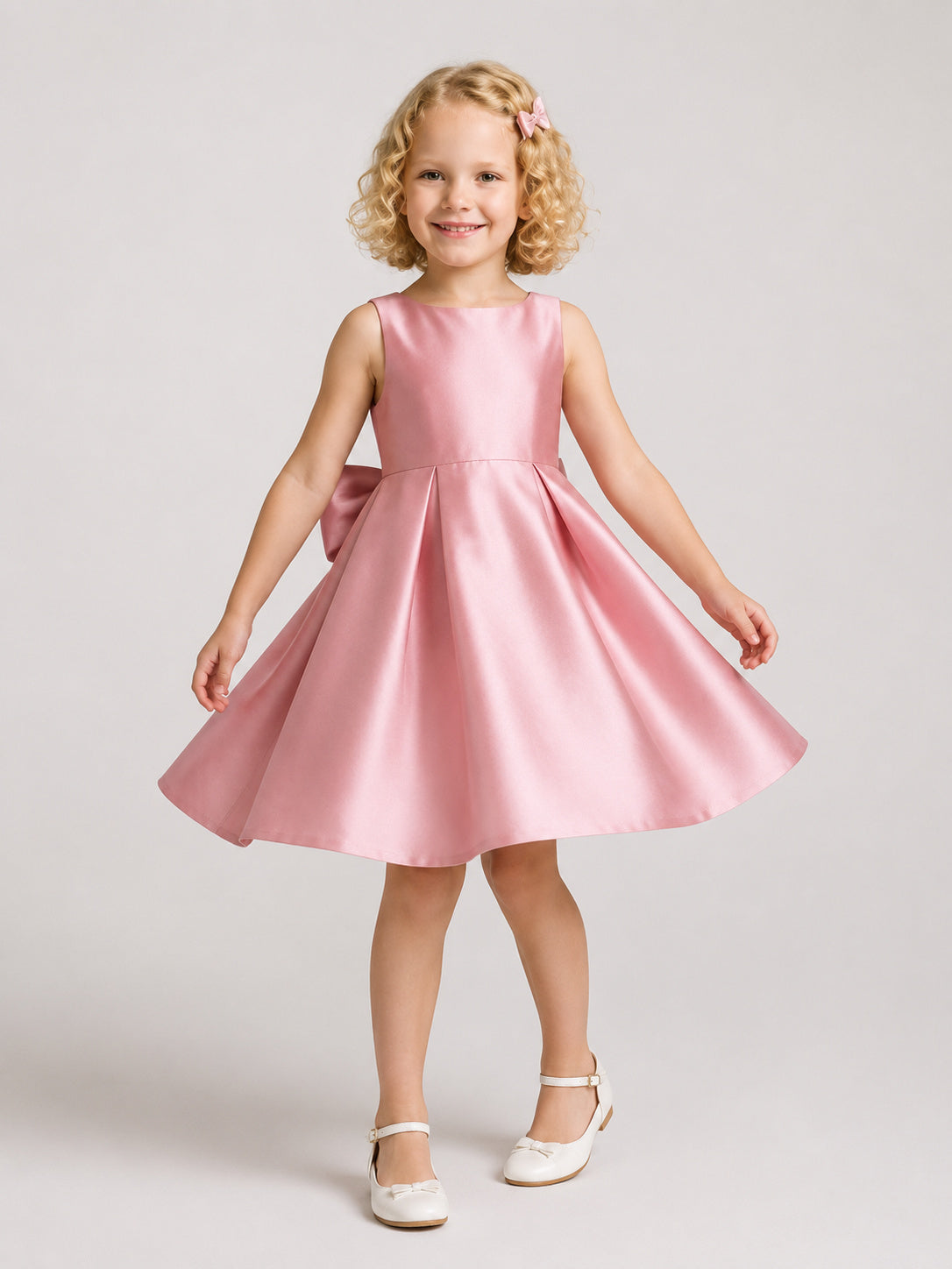 Blush Satin A-Line Flower Girl Dress with Sleeveless, Jewel Neck, Knee-Length Skirt, Bow Detail front view