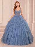Slate Blue Luxury Scoop Straps Tiered Tulle Beaded Corset Quinceanera Princess Ball Gown front view