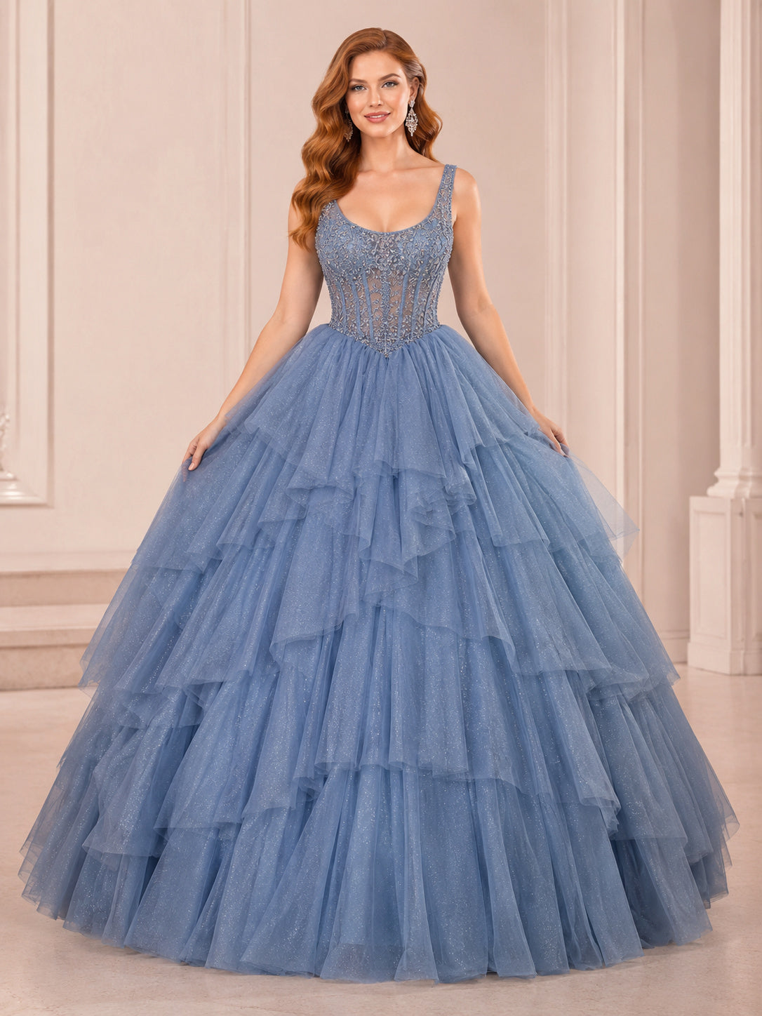 Slate Blue Luxury Scoop Straps Tiered Tulle Beaded Corset Quinceanera Princess Ball Gown front view