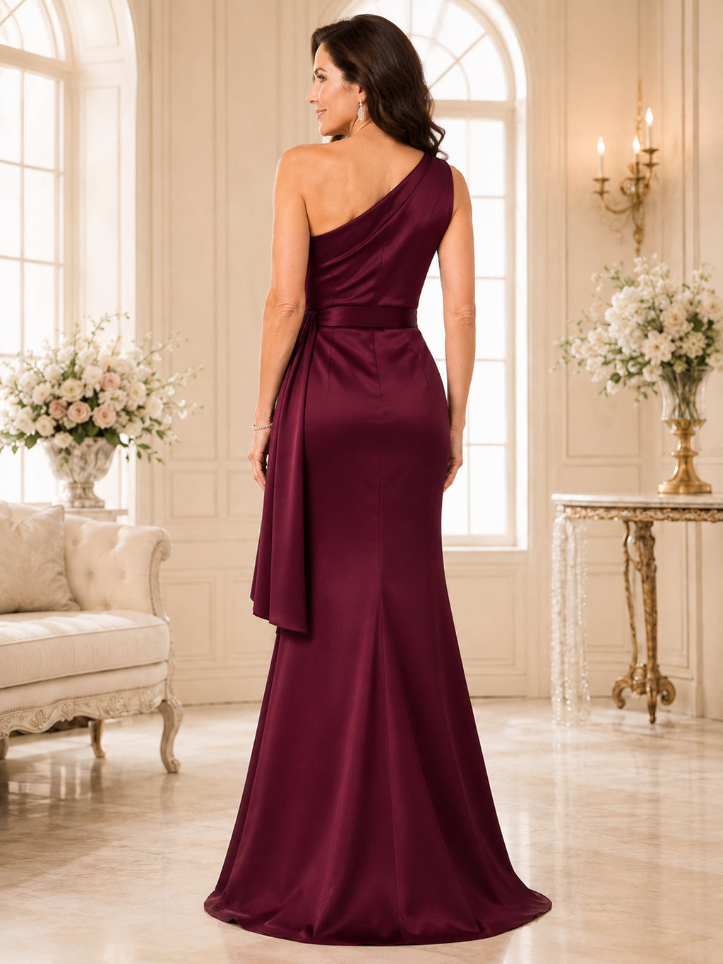 Burgundy Luxury Floor-Length Mermaid Mother of the Bride Satin Gown with One-Shoulder Bodice Slim Belt Side Drape and Sweep T