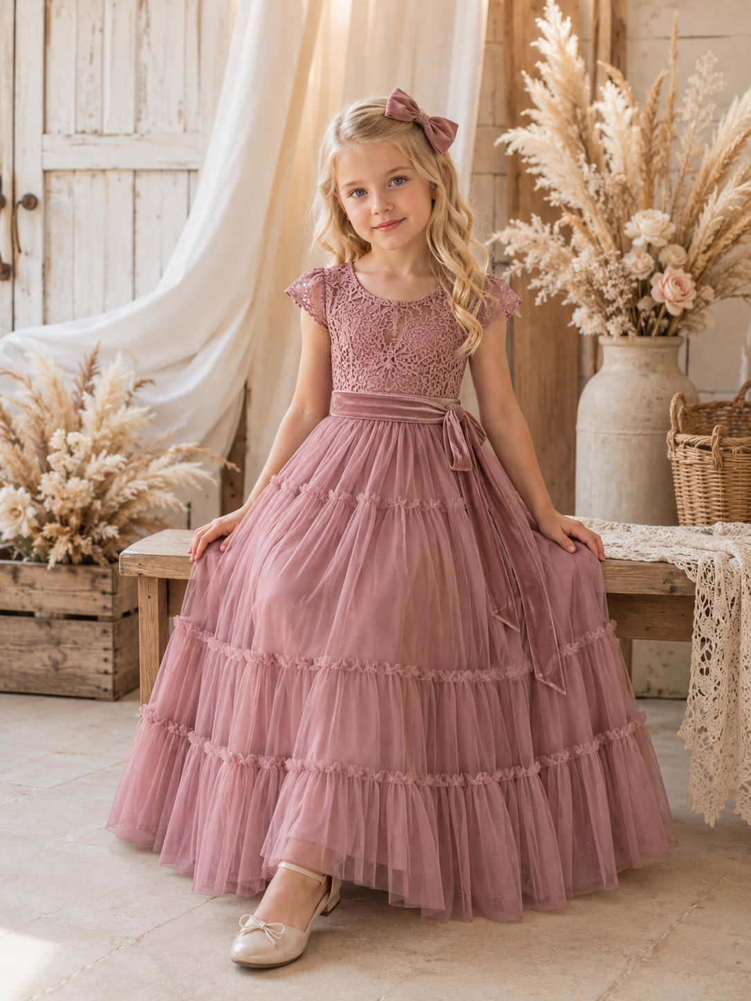 A-Line Mauve Tulle Flower Girl Dress Jewel Neckline Ankle-length and Tiered Tulle Ruffle Detail front view