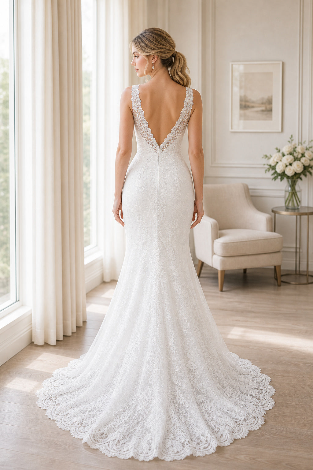 Ivory Square A-Line Chiffon Floor-length Wedding Dress With Floral Appliques and Front Slit and Open Back