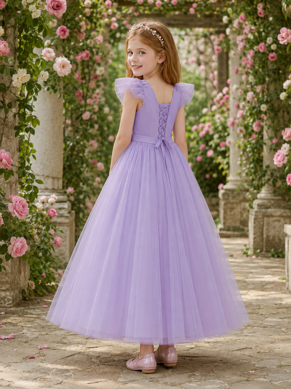 Lavender Romantic Rose Flower Girl Dress with Petal Sleeves, Tulle A-Line Skirt, Floral Appliques, and Full-Length Elegance b