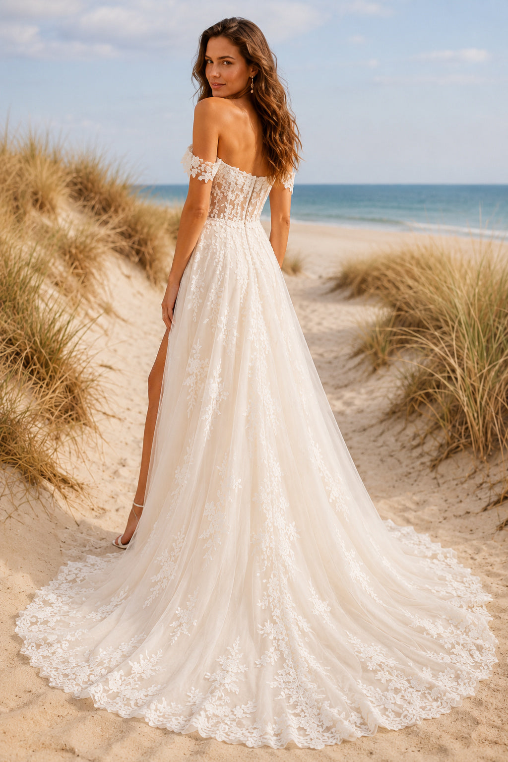 Ivory Off-the-Shoulder Lace A-Line Wedding Dress with High Slit and Train back view