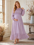 Lilac Floral Maternity Long Poet Sleeve Tiered A-Line Ankle Length Vintage Dress front view