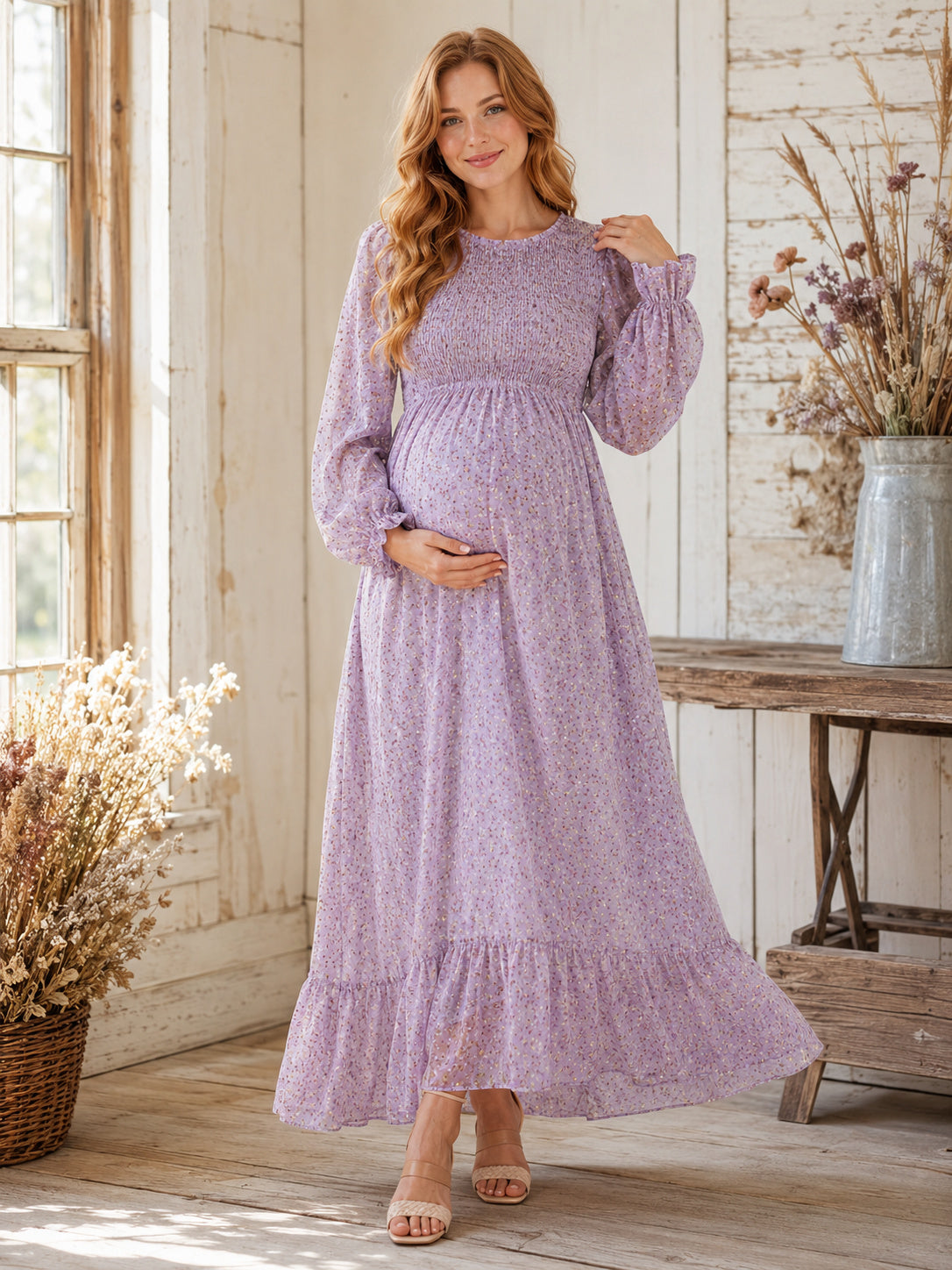 Lilac Floral Maternity Long Poet Sleeve Tiered A-Line Ankle Length Vintage Dress front view